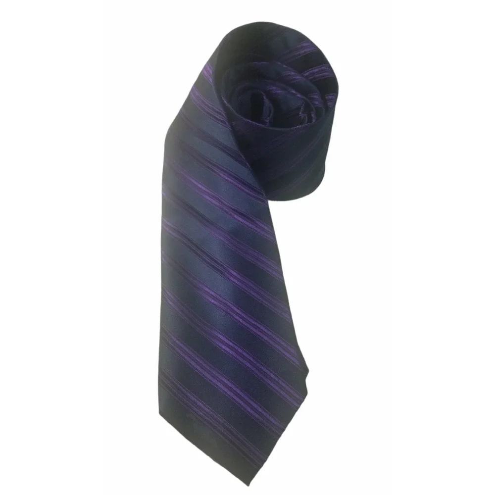 CLAIBORNE Men's Tie Black Purple Striped Necktie 100% Silk 57